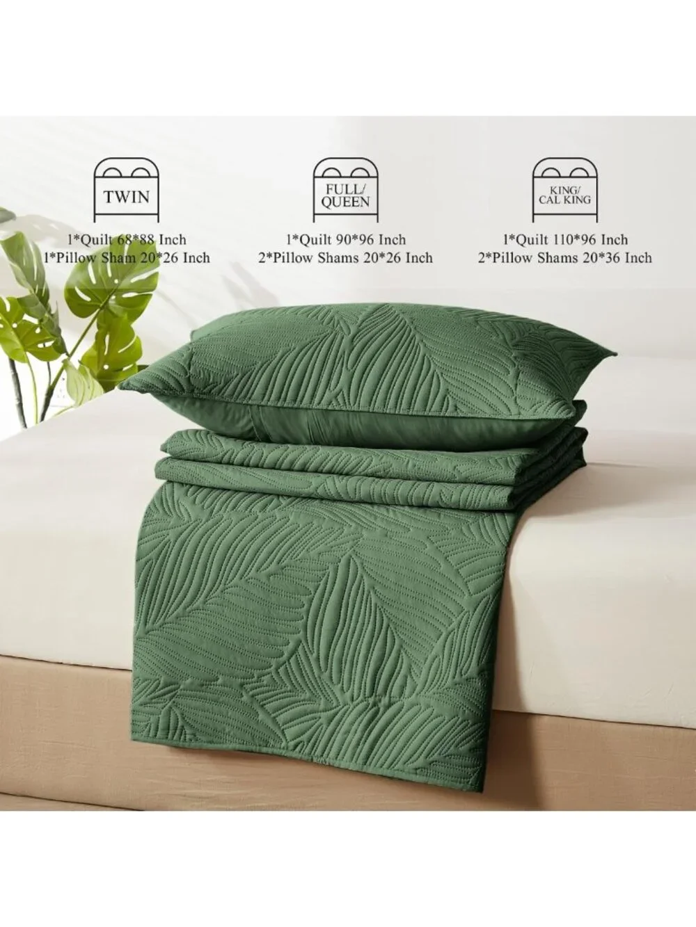 Lightweight Olive Green King Quilt Set, Soft Bedspread with Leaf Pattern, 3